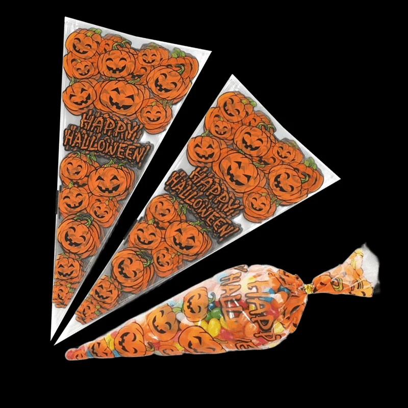 Sacs à bonbons d'Halloween en plastique, 50 à 100 pièces, sacs cadeaux triangulaires pour collations, sacs décorés à motif de citrouille, accessoires de fête ZYF