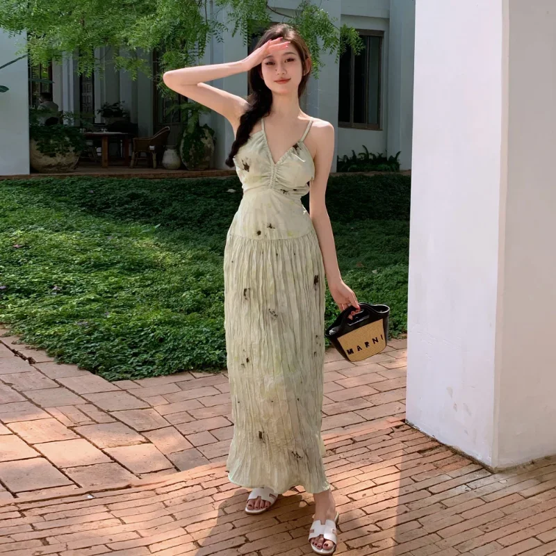 

New Elegant Women Backless Long Dress 2024 Summer Retro Chic Sexy Slim Floral Vacation Party Slip Clothing Y2K French Sundress