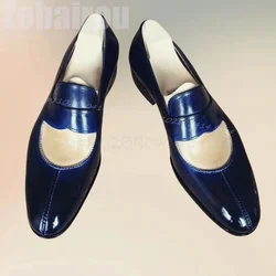 Blue White Sewing Design Matte Leather Loafers Fashion Slip On Men Shoes Luxurious Handmade Party Banquet Office Men Dress Shoes