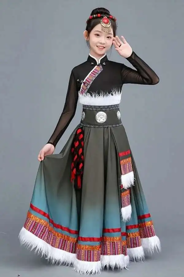 

Chinese Tibetan Robe New children Tibetan performance costume Tibetan style girl training dance costume performance costume