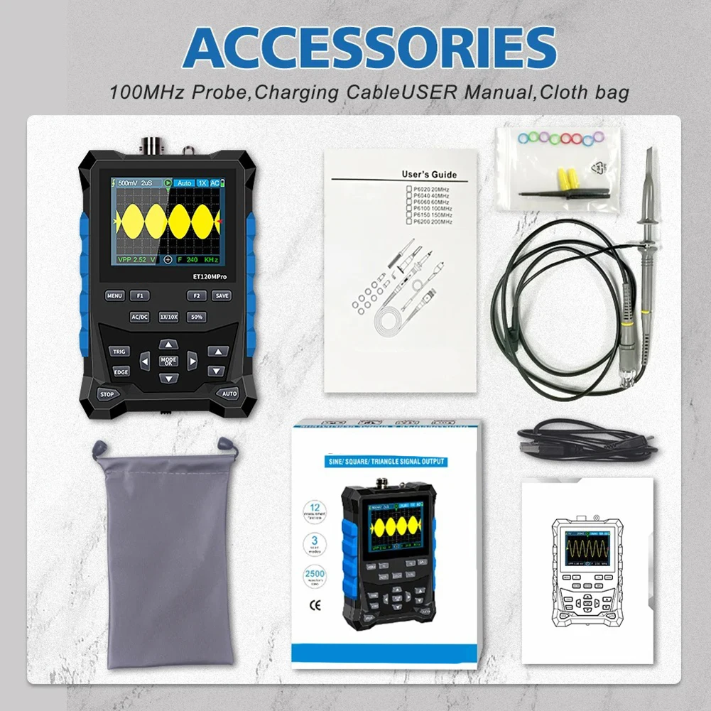 Black Blue Automotive Oscilloscope Compact Rechargeable Oscilloscope Tester Waveform Analyzer 500MS s Sampling Rate