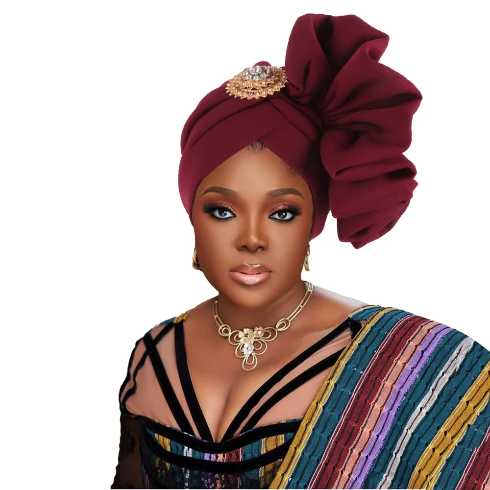 New Nigerian African Wedding Elegant Hand-sewn Flowers and Brooch Baotou Hat Turban Hat