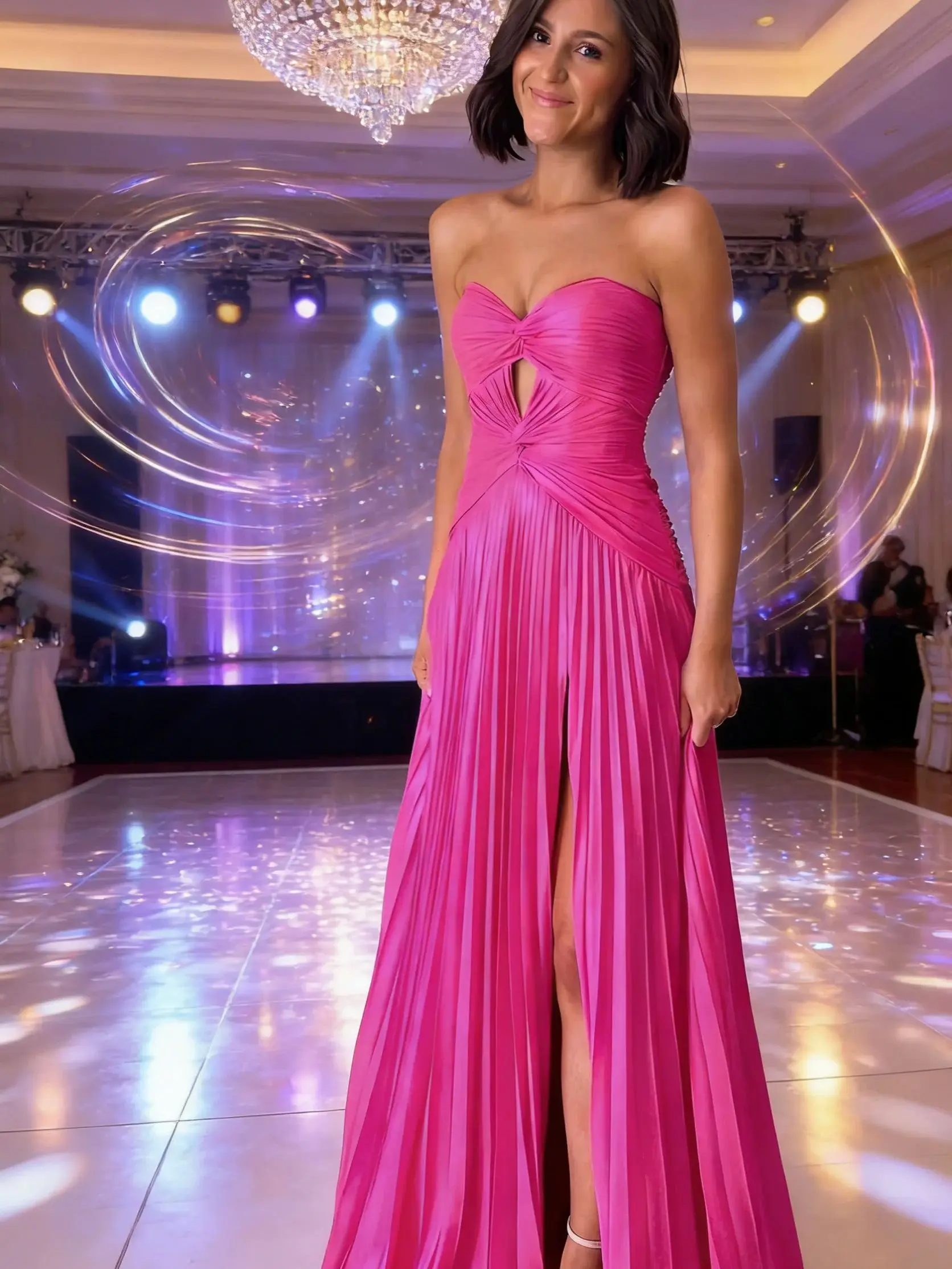 Sweetheart Hot Pink Keyhole Pleated A Line Prom Dress  Women Formal Evening Gown