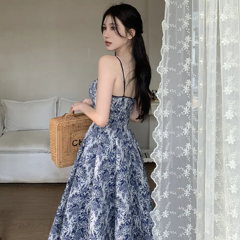 

Summer Vintage Slip Dress Fashion Party Evening Long Skirt Korean Style Luxury Elegance Woman Clothing Princess Dress