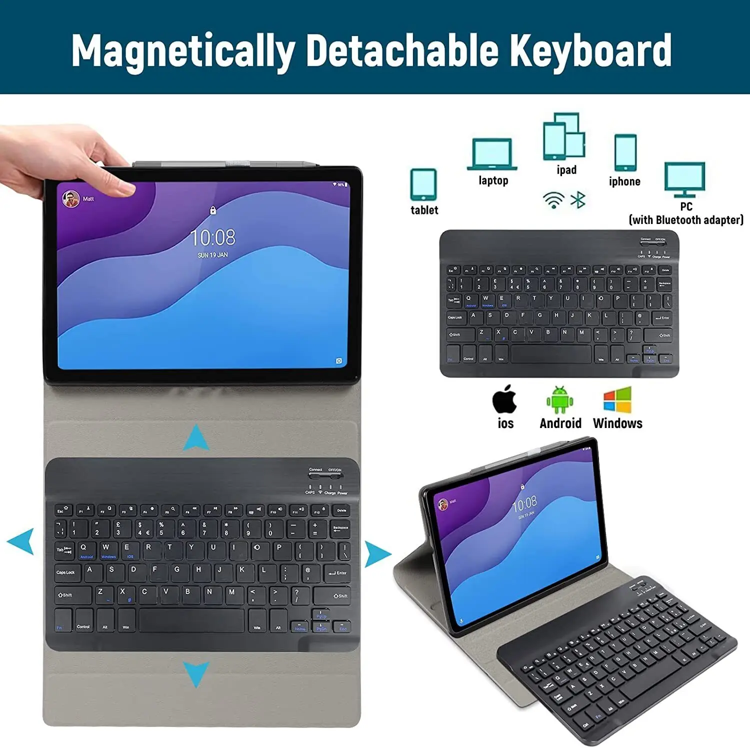 Imagem -05 - Teclado sem Fio Bluetooth Capa de Couro Destacável Magnética Lenovo Tab m8 2023 Release Tablet Tb300fu Tb-300xu Case