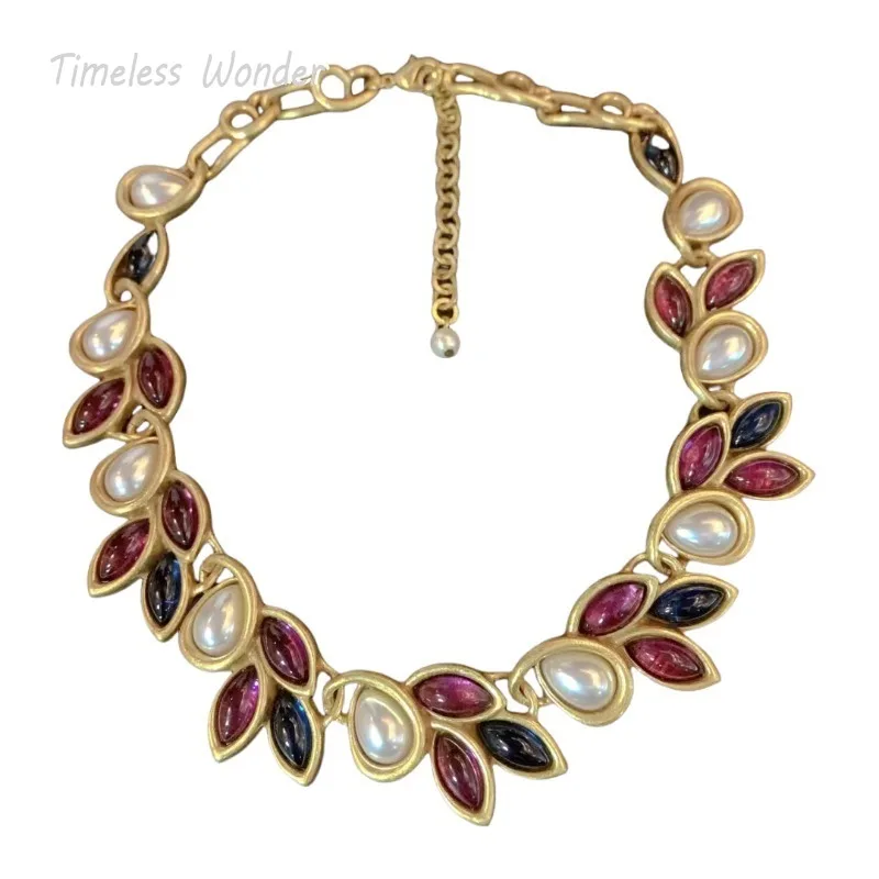 

Timeless Wonder Retro Geo Glass Pearl Floral Necklaces for Women Designer Jewelry Runway Trendy Rare Sweet Gift Top New Set 4628