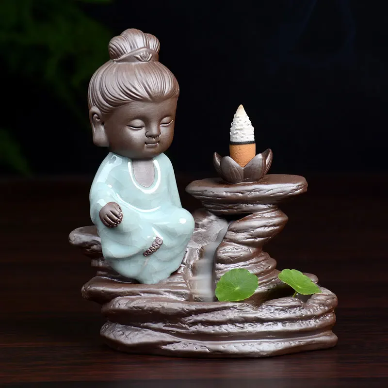 

Buddha And Monk Design Backflow Incense Cones Holder Purple Clay Ceramic Censer Home Decoration Teahouse