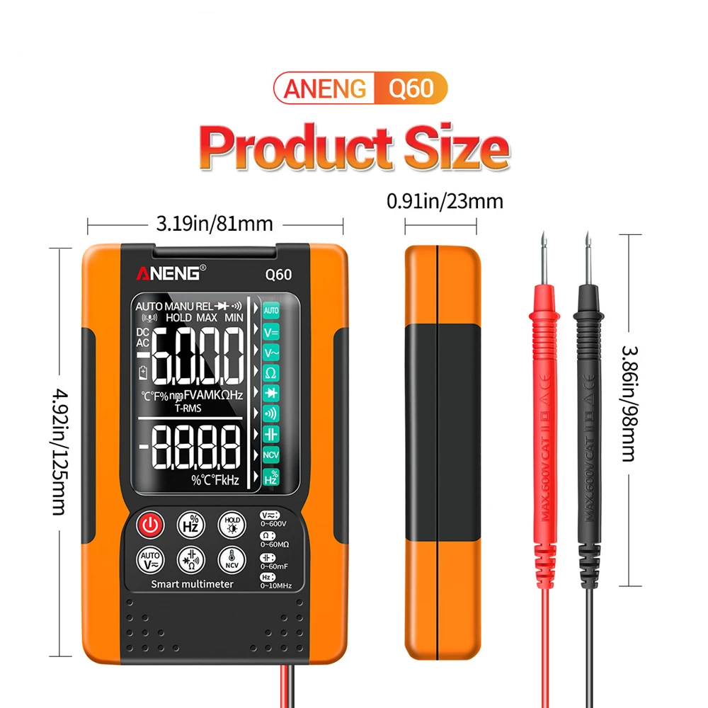 Q60 digital multimeter hochpräziser digitaler transistor tester 6000 zählt echte rms auto elektrische kapazität meter