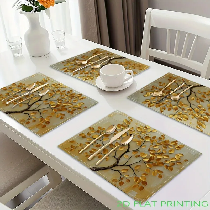 VIKAMA 4-Piece Golden Leaf Tree Placemat Set With Non-Slip Table Mats, Suitable For Kitchen Dining Tables And Coffee Tables view 2