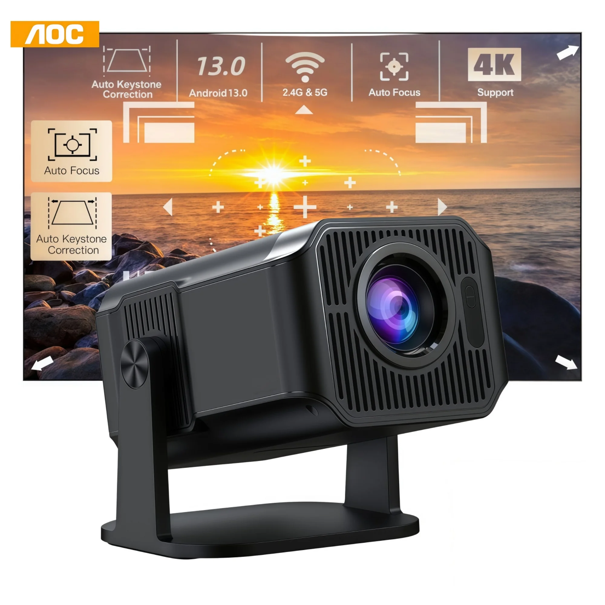 AOC HA108 Mini Projector WiFi 6 Android 11 Native 720P 290ANSI 4K Support 180° Rotatable Auto Focus Bluetooth 5.4 Home Theater