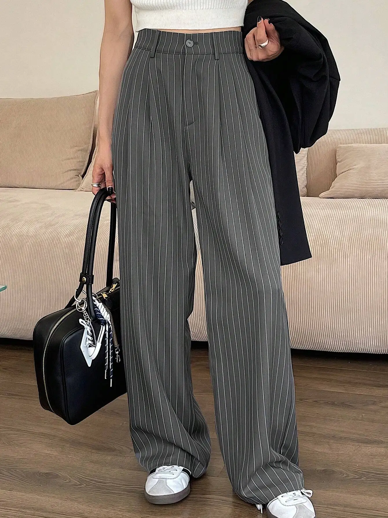 

Women Striped Loose Straight Leg Pants Business Casual Gray All Season Dress Pants