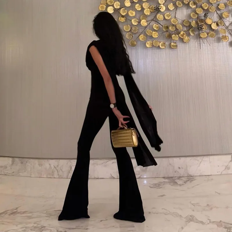 Black Women Jumpsuit Sexy Sleeveless With Long Wrap Sheath Slim Fit Pants Party Formal Wedding Guest Birthday Evening Wear