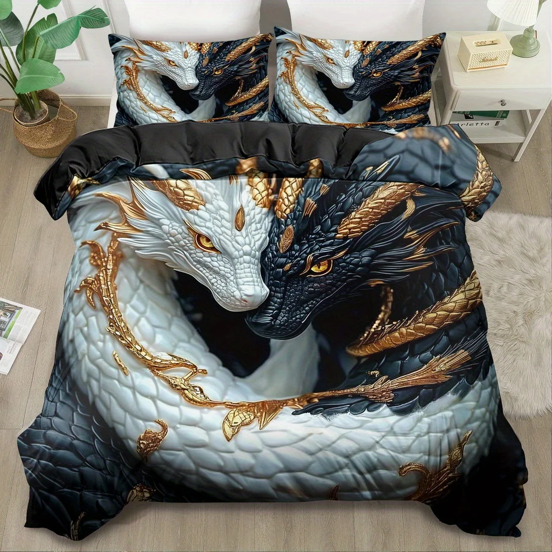 Animal Black And White Snake Print Duvet Cover Set, King Queen Style bedding, Machine Washable Bedroom  Birthday Gift