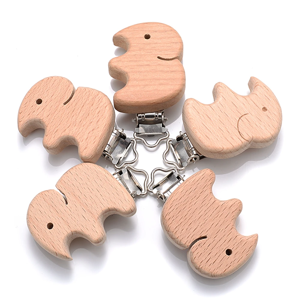 5pcs Woode Pacifier Baby Beech Wooden Animal Pacifier Metal Clips Holder Heart Pacifier Chain Teether Accessories