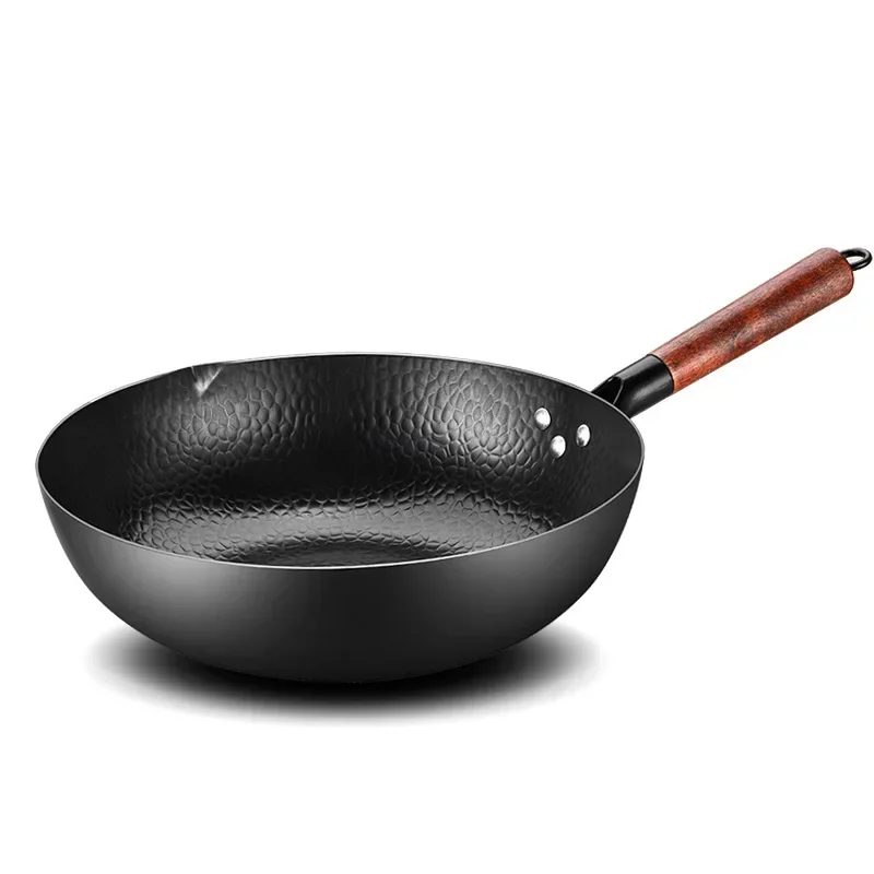 Traditional Wooden Lid Iron Pan Uncoated Health Frying Pan Non-stick PanGas Stove Induction Cooker Universal Iron Pan