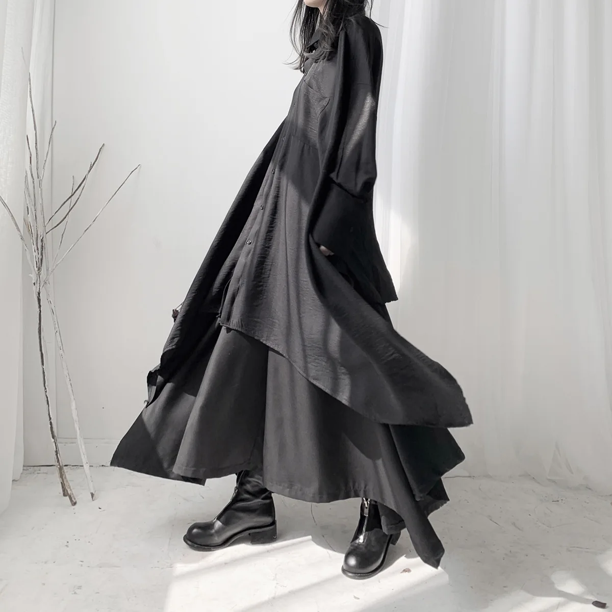 2026 New Women's Loose Batwing Sleeve Midi Shirt Edgy Neutral Style Asymmetric Hem Long Blouse Casual Oversized Top