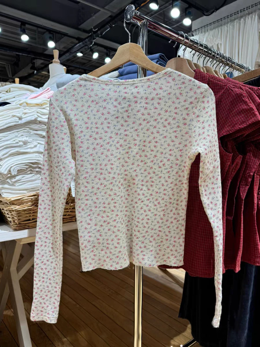 Pink Floral Waffle Long Sleeve T-Shirt Woman Spring Buttons Round Neck Cotton Slim Tee Top Sweet Cute Preppy Style Tshirt Y2k