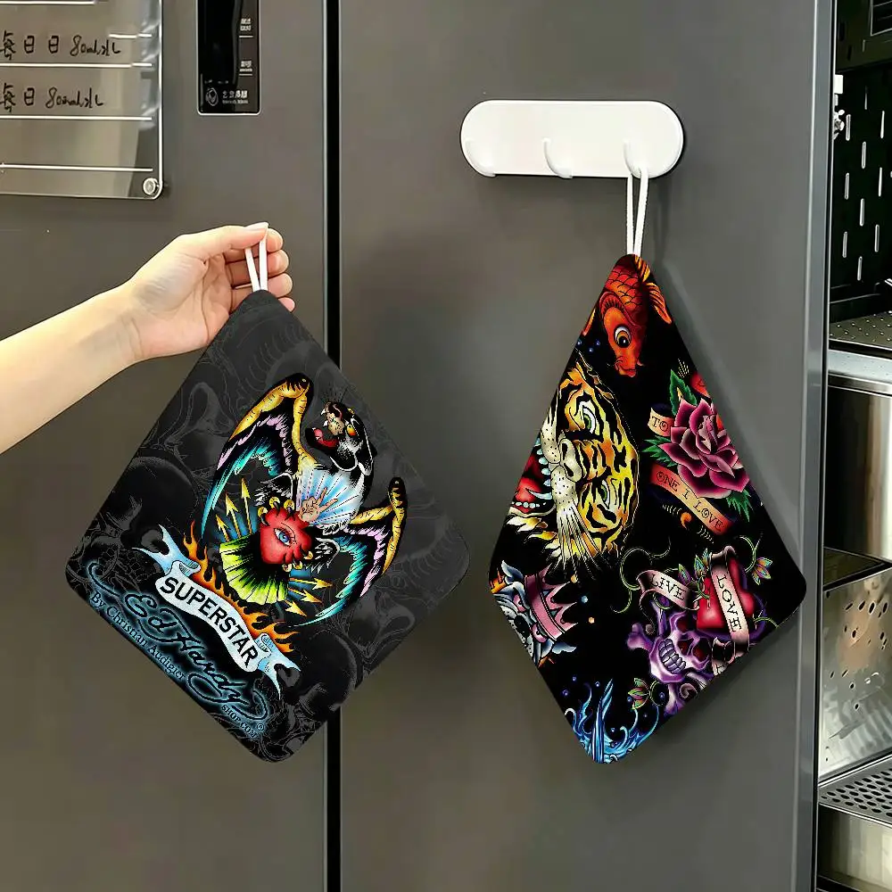 Ed-hardy Tattoo Tiger Hanging Polyester Cotton Towel, Reusable Hand Wiping Cloth, Wear Resistant for Home Kitchen Sink
