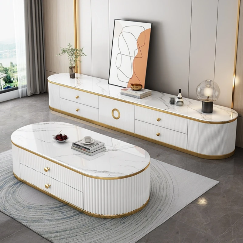 

Deluxe living room coffee table TV table set Gold steel frame coffee table set