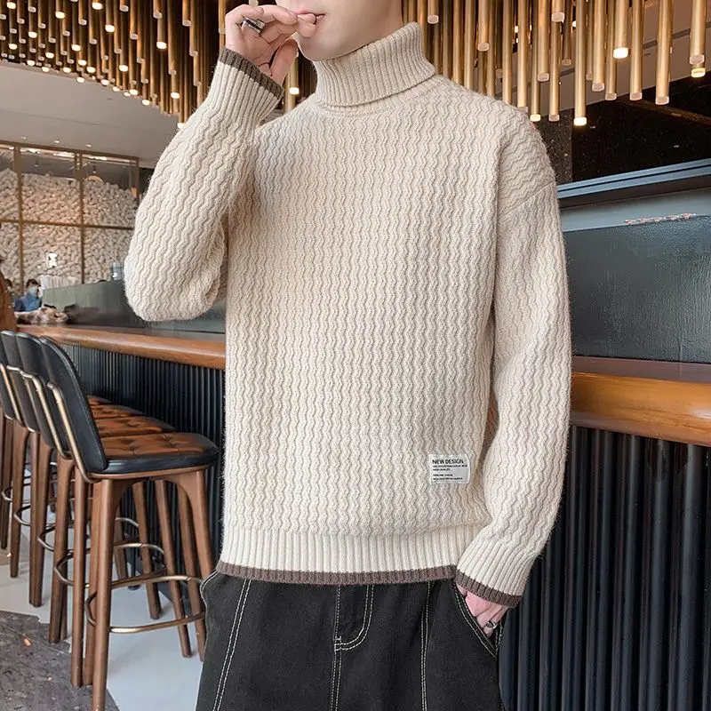

Мужской вязаный свитер Thiened Fce с высоким воротником, новый зимний теплый пуловер, однотонная пряжа, студенческая повседневная одежда
