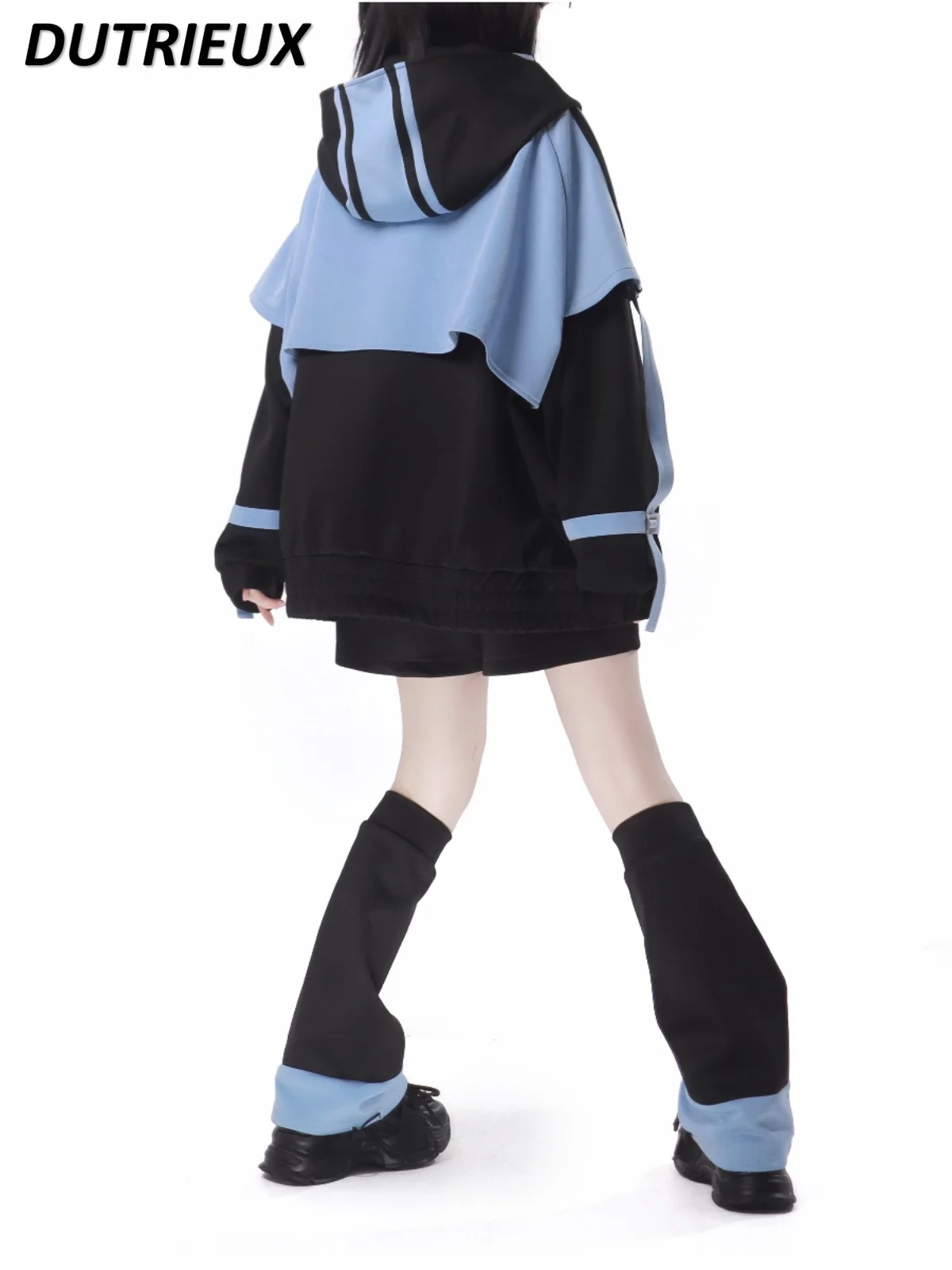 Japanese Blue Black Model Mine Mass-Produced Sports Jacket Long-Sleeved Loose Hooded Color Matching Sweatshirt and Pants