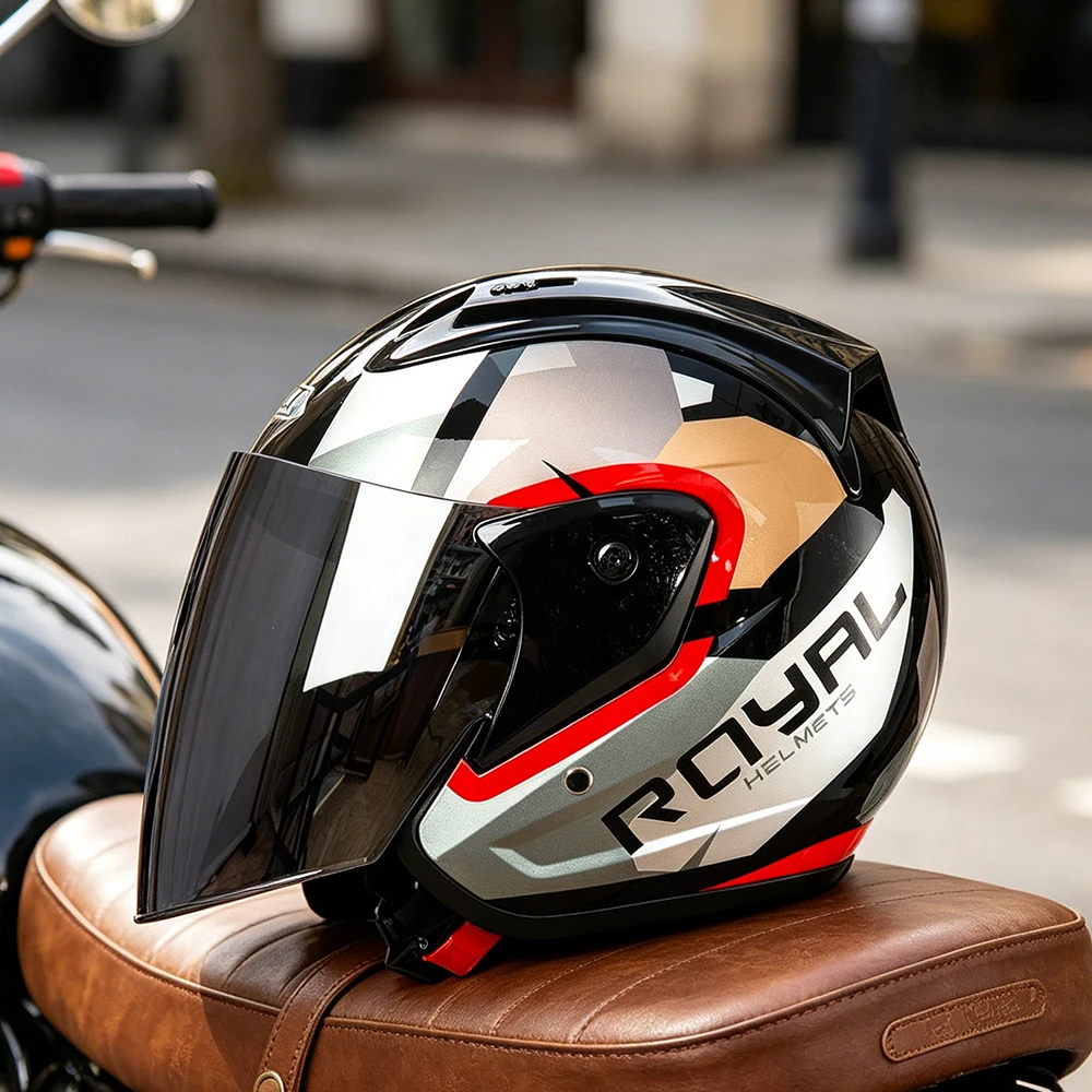 Retro Motorcycle Helmet with Large Lens Three-Quarter Cruise Bike Pedal Headgear for Motorcyclists
