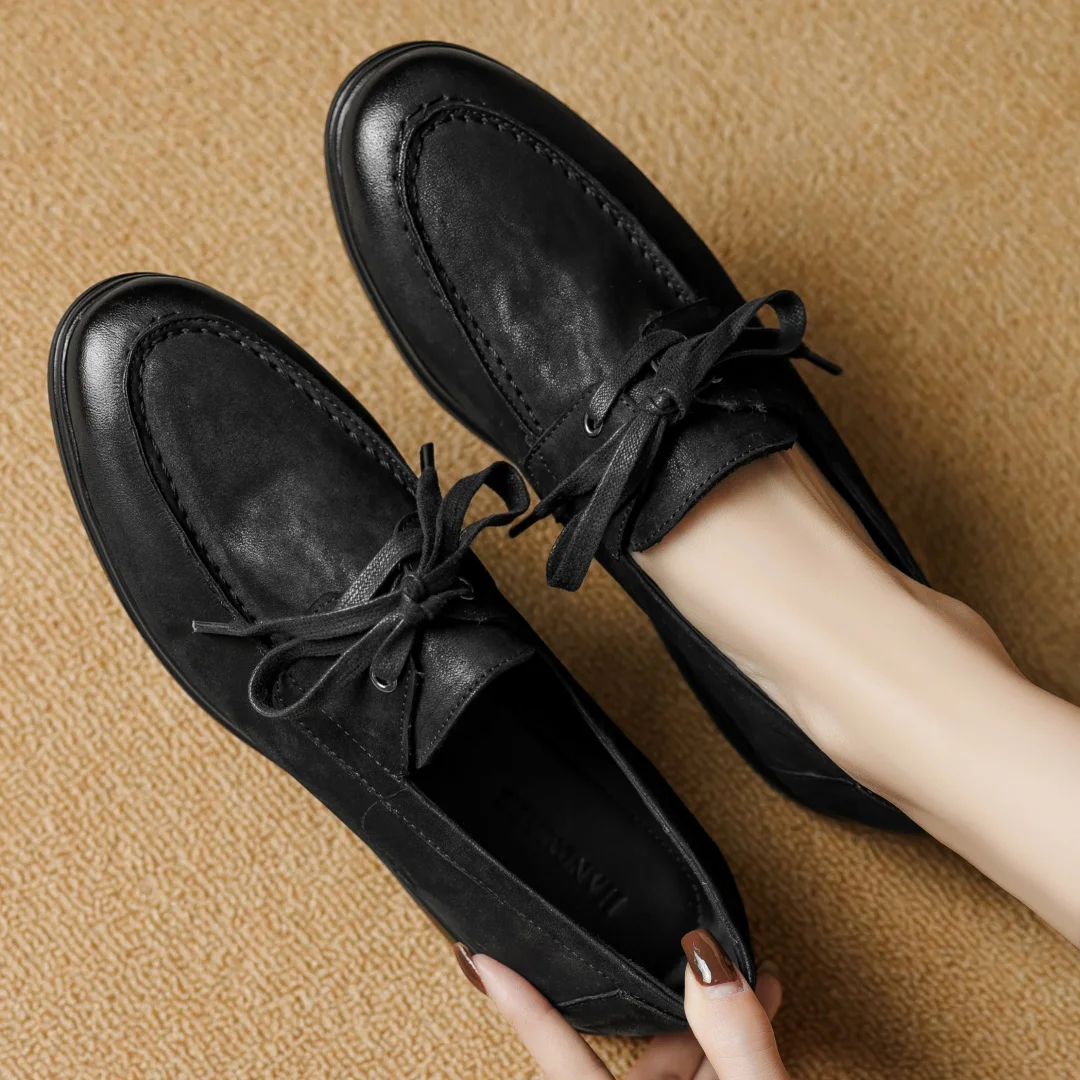 

danxuefei women's cow leather round toe lace-up flats oxfords high quality soft comfortable casual female daily shoes for woman