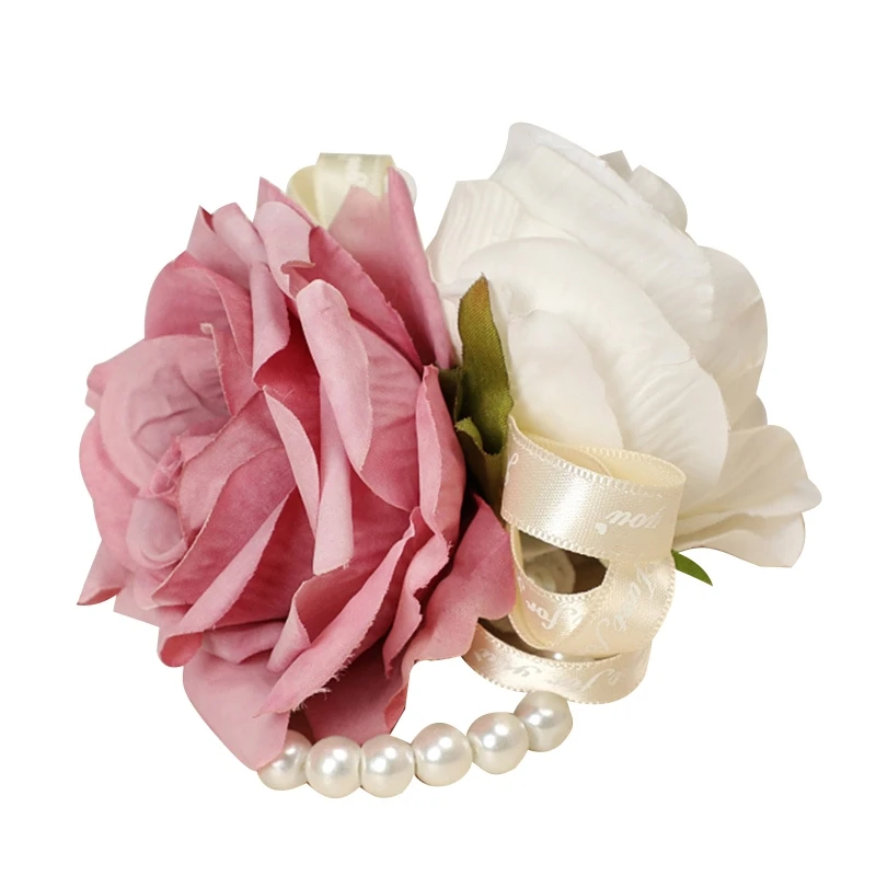 Artificial Rose Flower Wrist Corsage Wristband with Leaf Wedding Pearl Wristlet