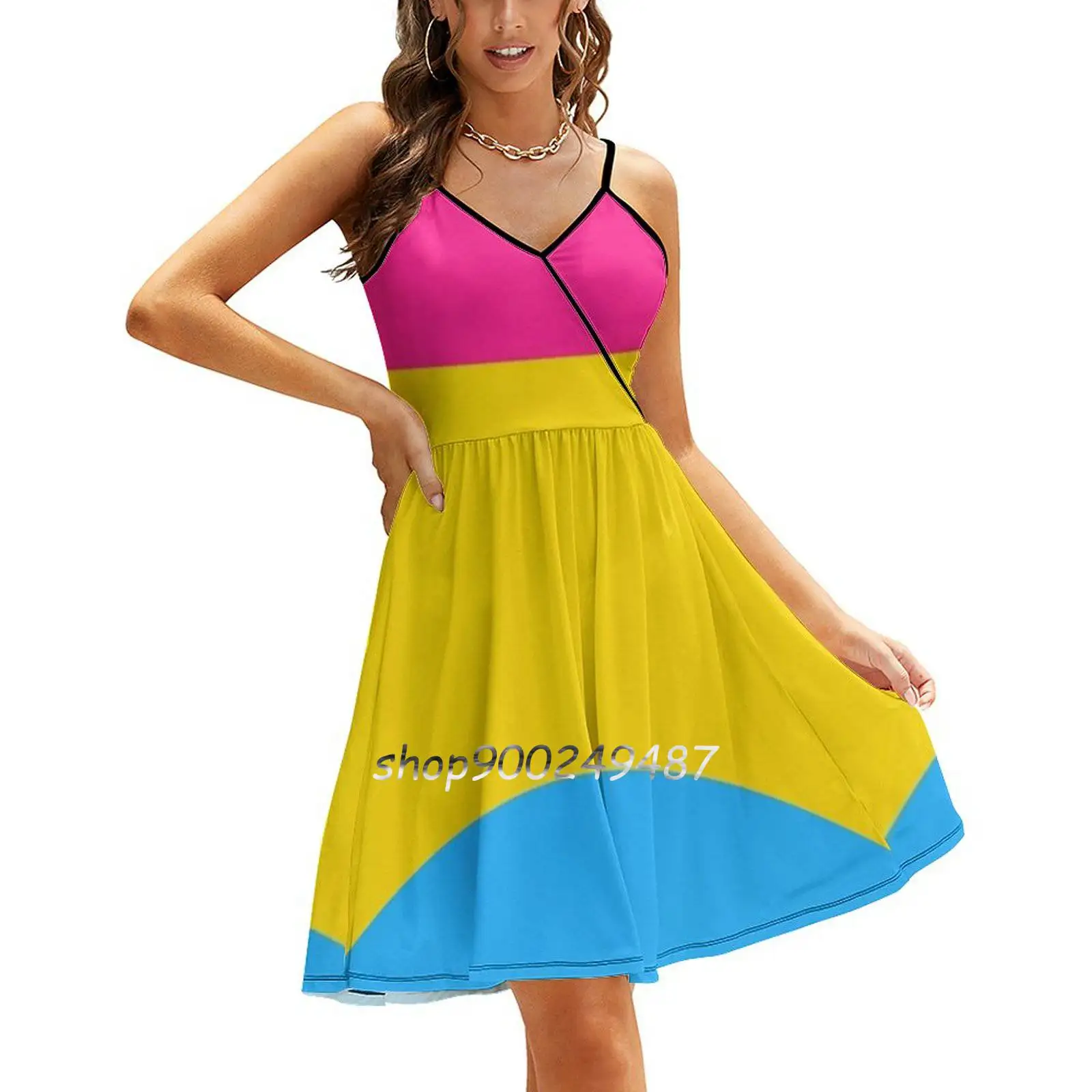 

Tri Color Design-Pink Yellow Blue Sweet Summer Casual Sling Dresses Korean Women Sexy Sundress Bisexual Pride Q Flag Queer