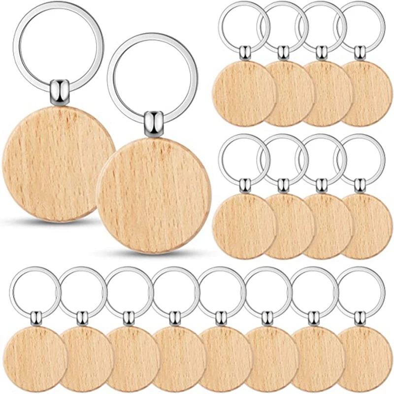 A013 50 stuks blanco houten sleuteltag sleutelgravure blanks onvoltooide houten sleutelhanger sleutelhanger sleuteltags voor doe-het-zelf ambachten, rond