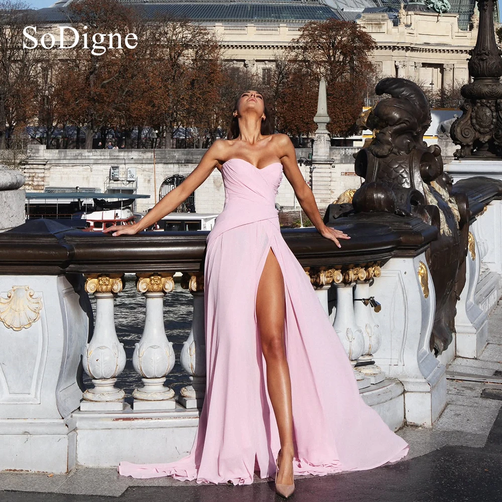 SoDigne Chic Chiffion Evening Dresses Pleated Low Cut-out Strapless Party Dress Sexy Side High Slit Prom Gowns 2026 Customized