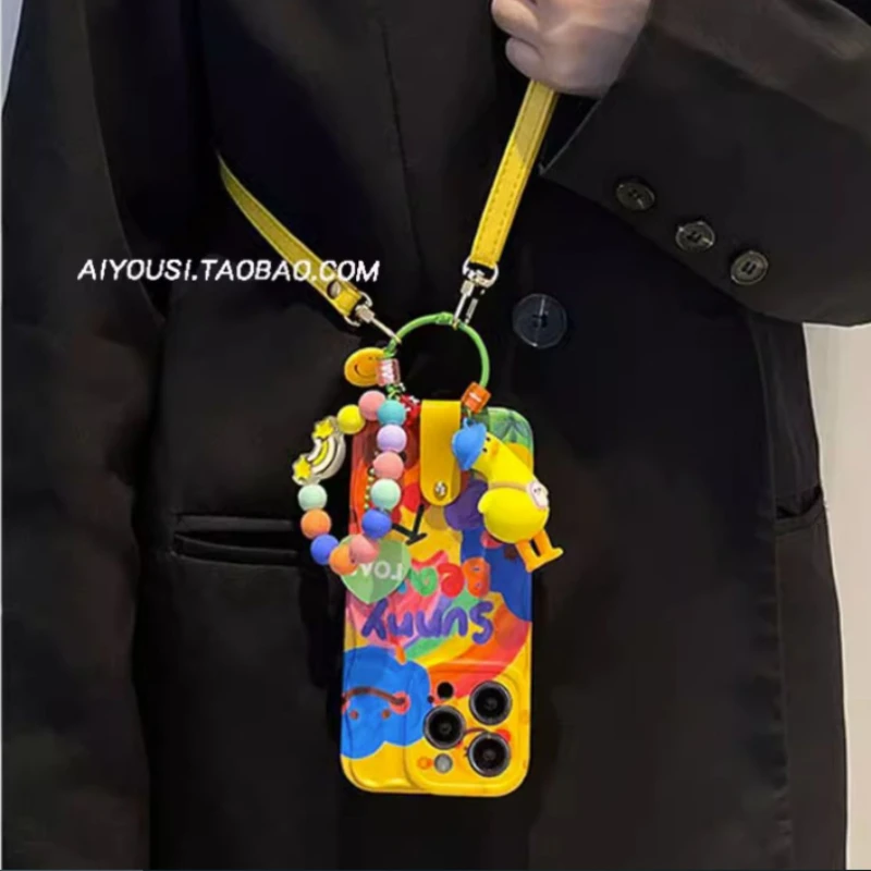 

New Suitable for iPhone 16 Yellow Duck Pendant Phone Case 15Promax Graffiti 14 Promax Crossbody 13 12 Full Coverage Protection11