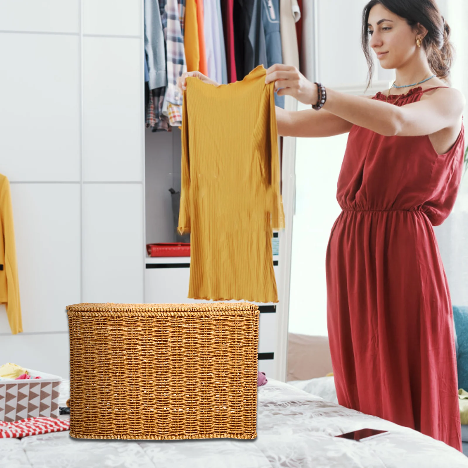 

Narrow Tall Storage Bins with Lid Home Gaps Magazine Woven Baskets Lightweight Portable Handle Design Long Lasting