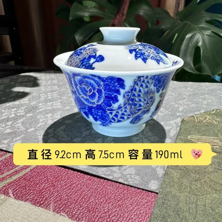 Hand-Painted Silver And Blue Dragon-Patterned Gaiwan Set Jingdezhen Ceramic Tea Bowl Handmade