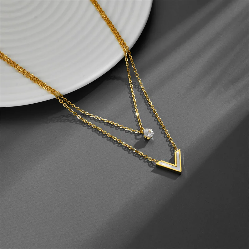 Stainless Steel Letter V  Pendant Chain Link Necklace Delicate Fashion Layered  Choker Jewelry for Women Wedding Party Gift