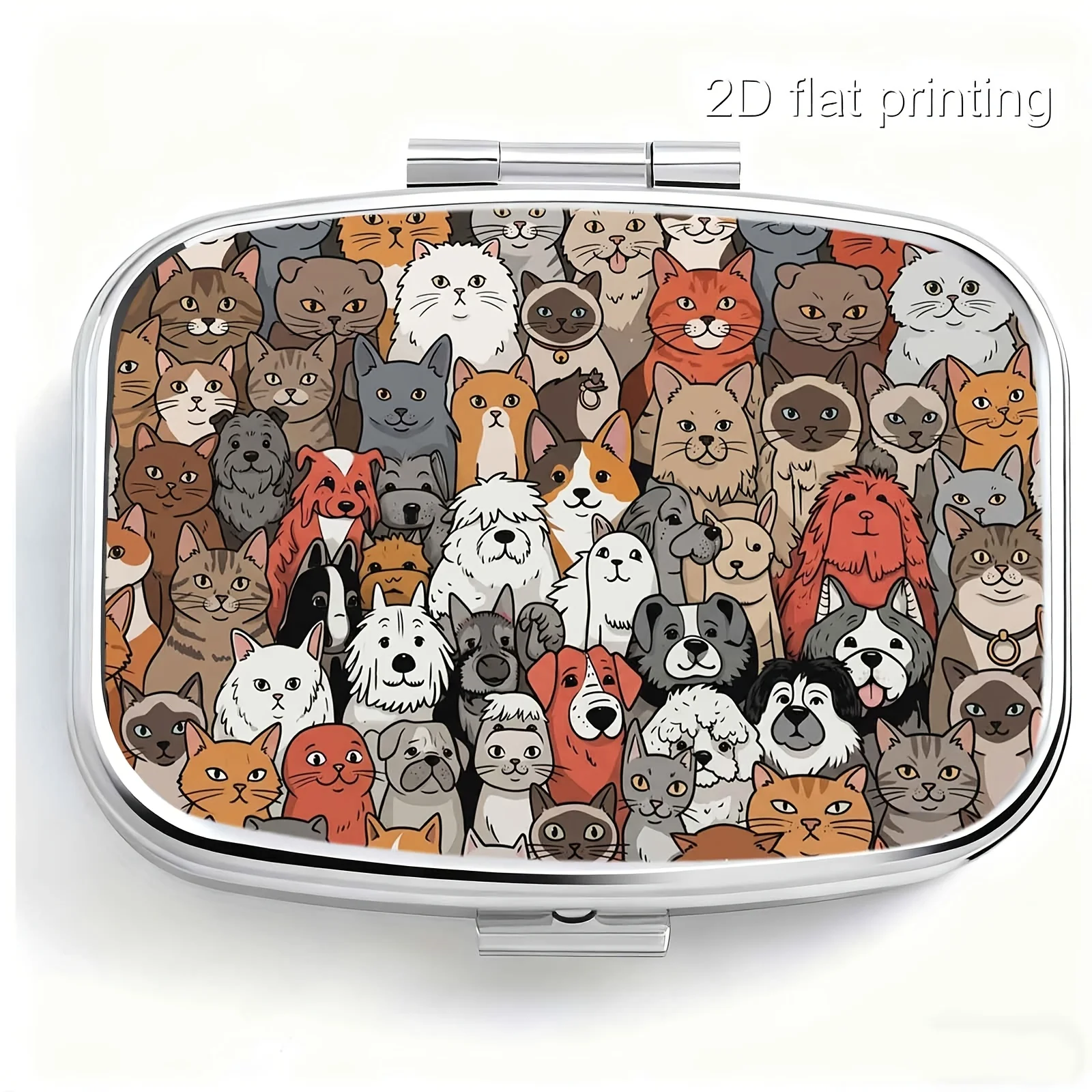 Square Pill Box with Cute Animal Group Pattern, Healing and Adorable Style. Flat Printing Square Portable Pill Box, Mini Storage Box with Two Compartments, Suitable for Gifts to Friends, Exquisite Gifts, Made of Metal and Durable Plastic