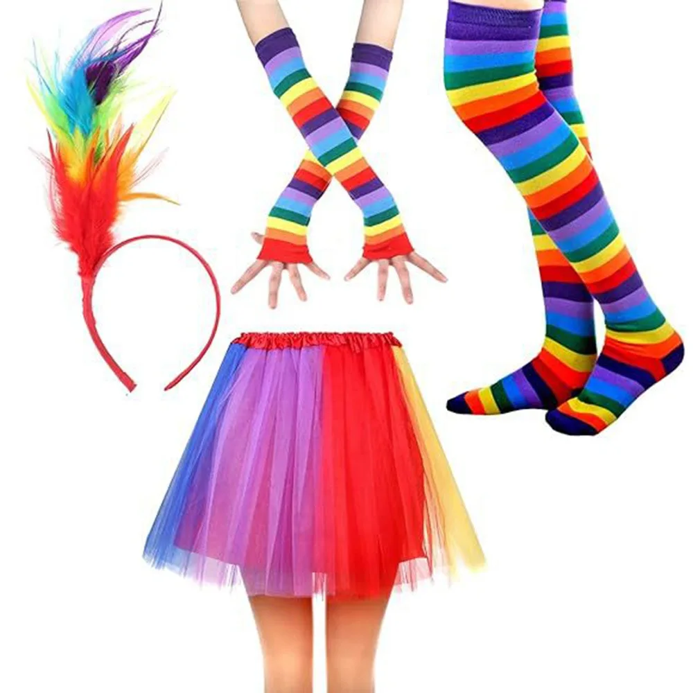 

Colorful Rainbow Tutu Skirt Beautiful Pride Day Rainbow Striped Socks & Gloves Soft Feather Headband Rainbow Costume Set