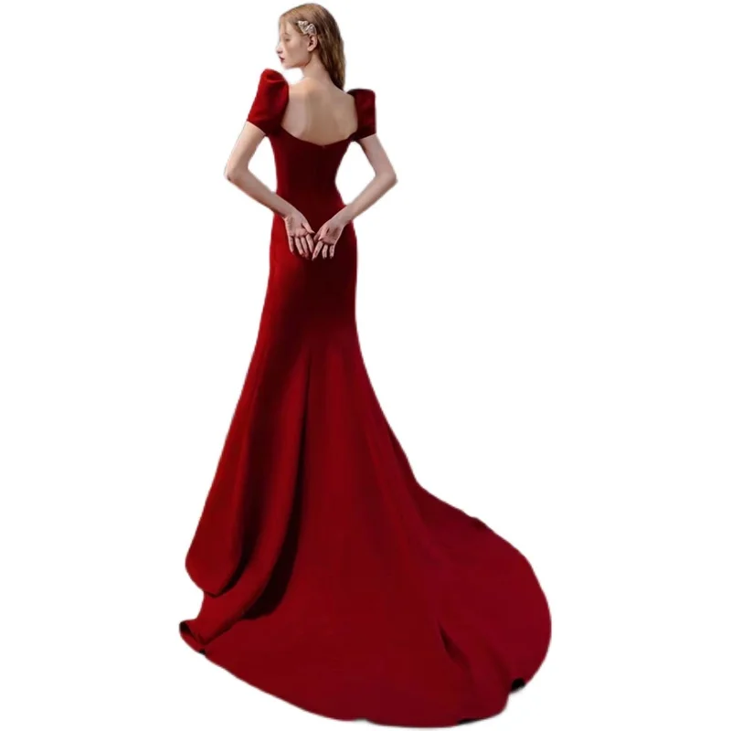 Wine Red Mermaid Wedding Dresses Deep V-neck Puff Sleeve Small Train Vestidos De Novia Simple Elegant Vintage Evening Dress