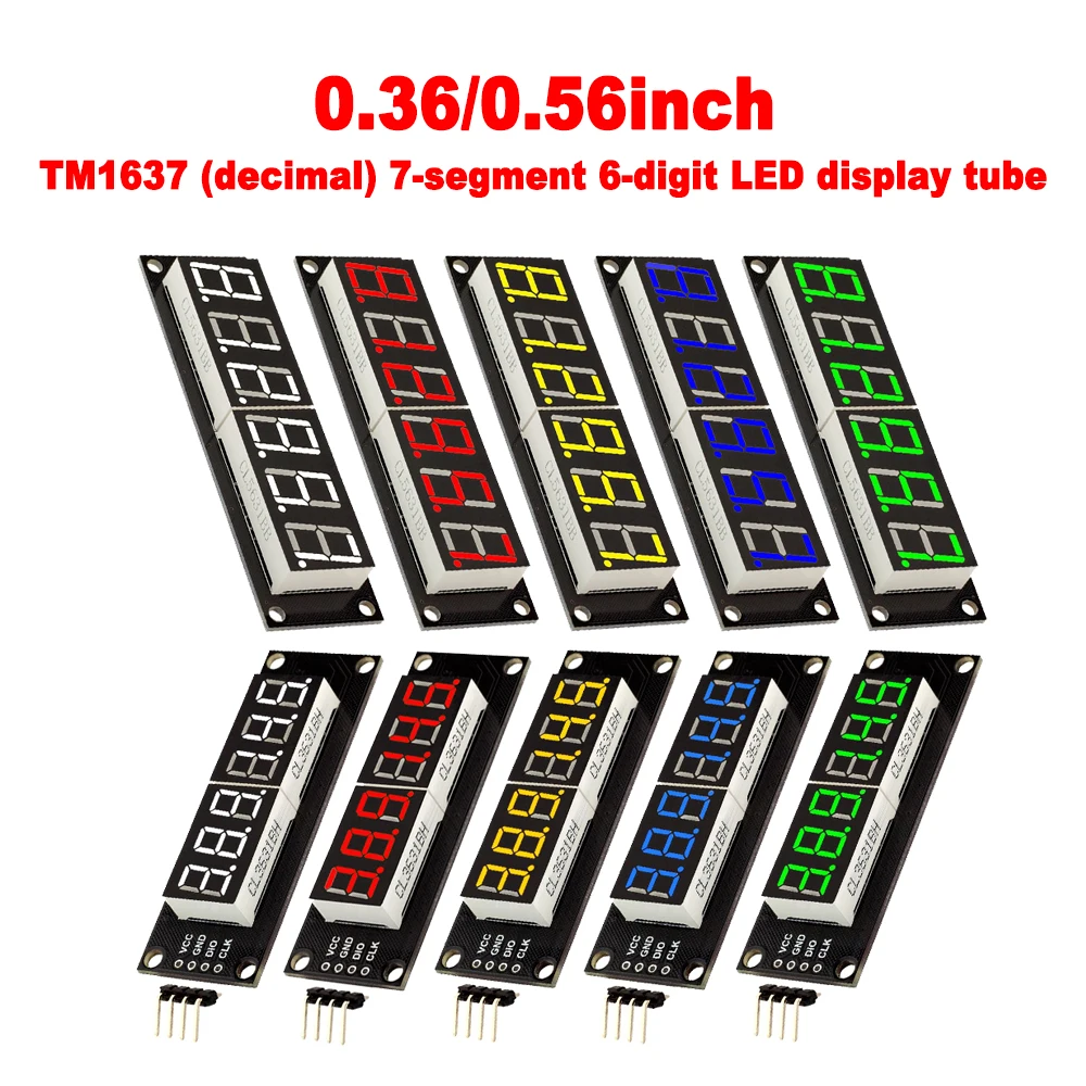 0.36''/0.56 Inch 6-Digit Digital Display Tube Decimal 7-Segments TM1637 LED Module Board for Arduino Red/Green/Yellow/Blue/White