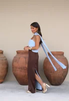 Color Blocking Scarf Collar Suspender Women Maxi Dress Spaghetti Strap High Split Floor Length Evening Dresses Lady Party Robes 6