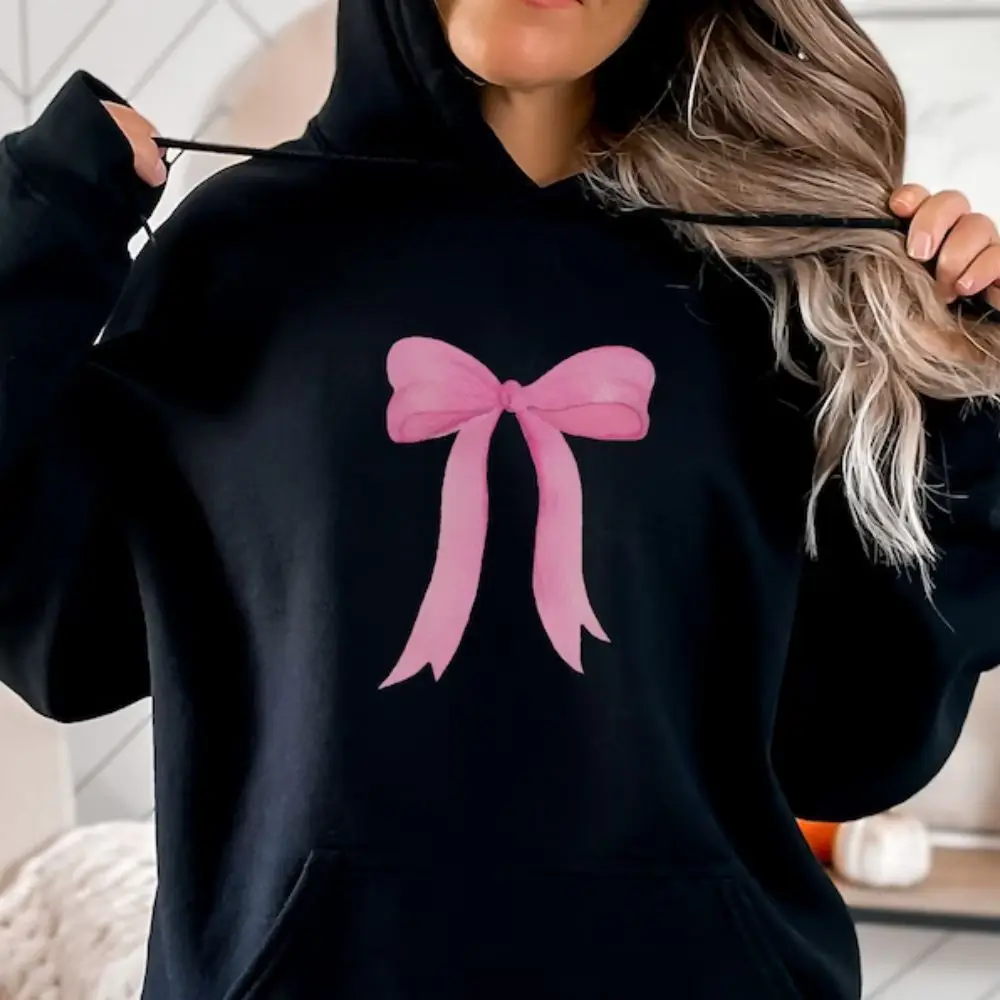 Pink Ribbon Bow Sweatshirt Trendy Sweatshirt Cute Hoodie Aesthetic Sweatshirt Pink Bow Girly Hoodie 2024 Spring New Sweatshirt