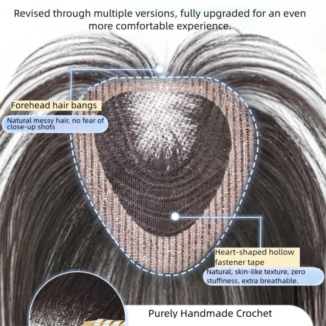 Natural Invisible Human Hair Topper for Women No Need Clips Bangs Topper Fluffy High Top Seamless Hairpiece Natural Hairline