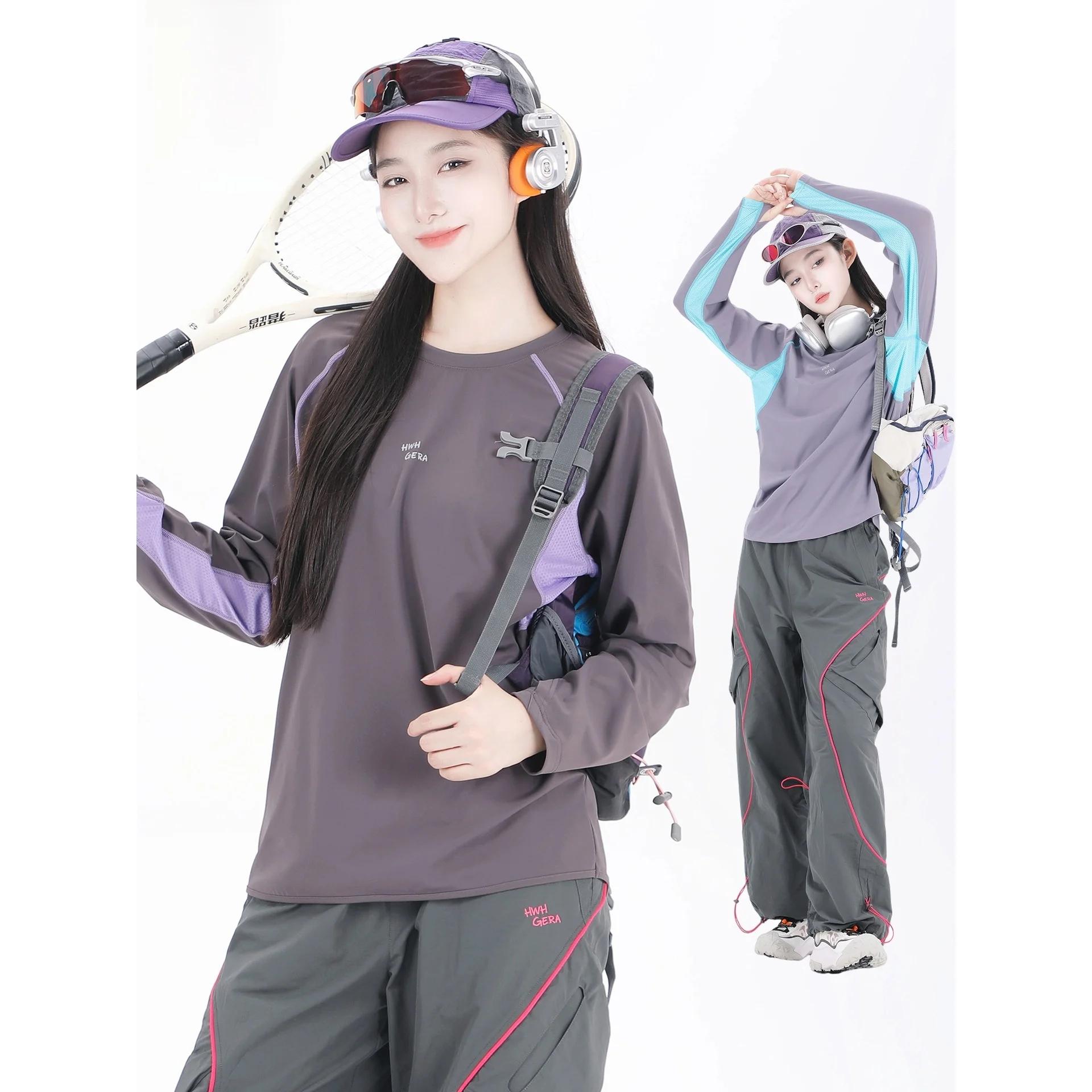 

Fall Outdoor Sports Splice Elastic round Ne Long Sve T-irt Women's Simple Breathable Top Casual Sle Student Wear