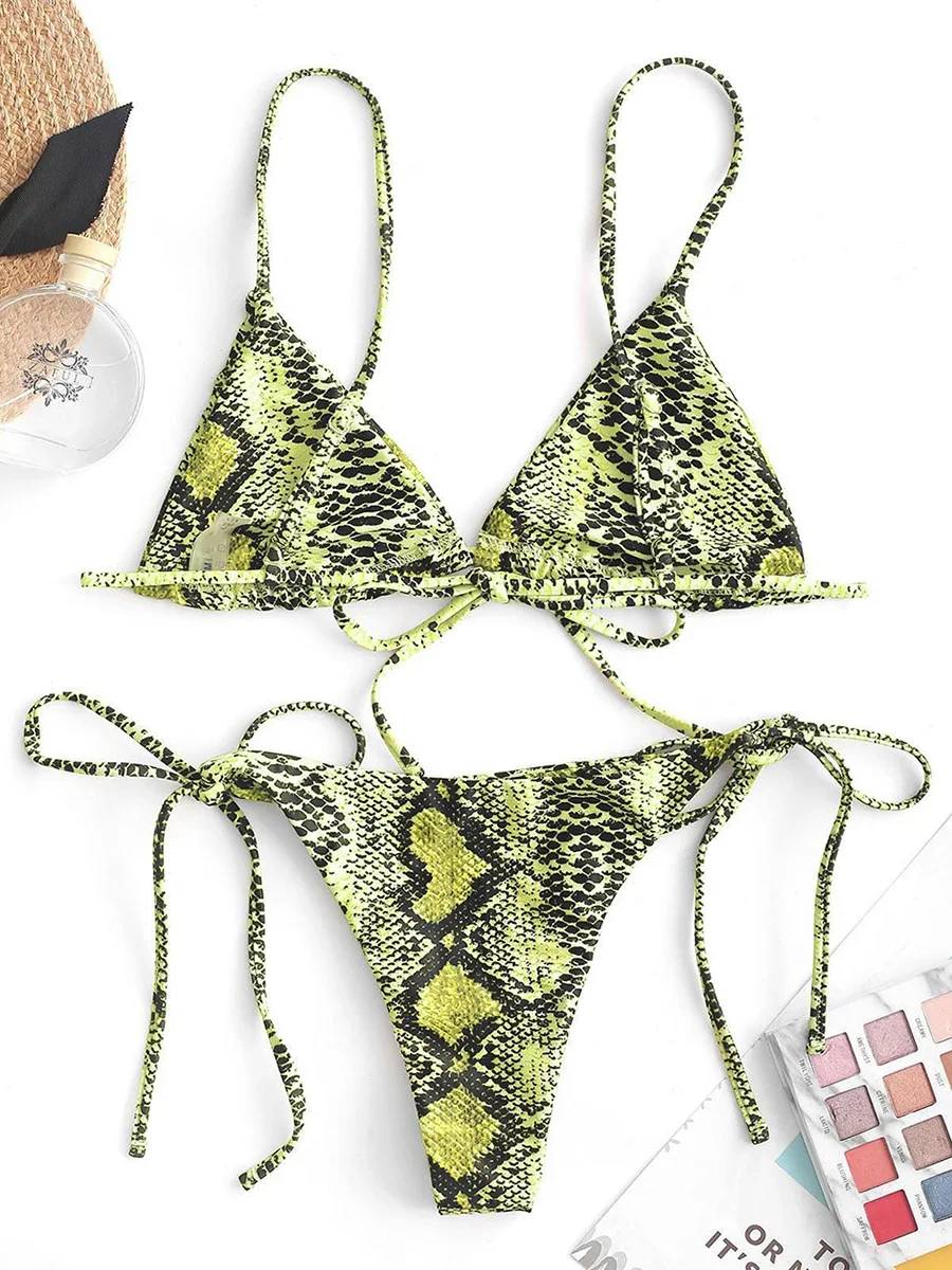 Sexy Snake Print Bikini 2024 Trend Women Swimsuit Female Swimwear Thong Lace Up Micro Bikinis Set Brazilian Biquini Bathing Suit