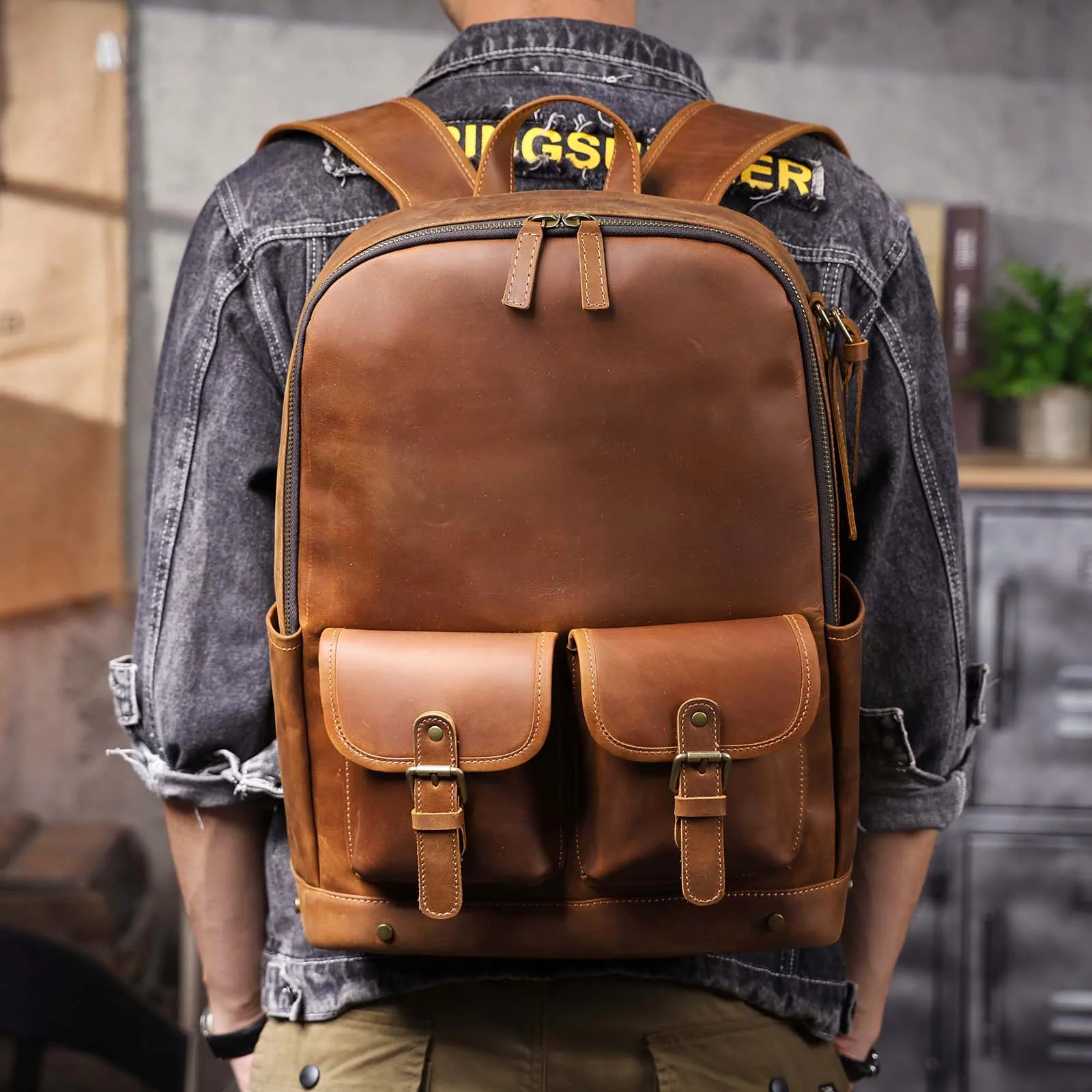S.WORKER Vintage Echtleder-Rucksack 16" Laptop-Tasche Lässige Crazy-Horse-Leder-Schultasche Outdoor-Reise-Weekender-Tasche – Detail 4