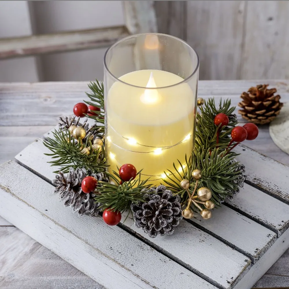 2pcs Artificial Christmas Candle Wreath Nordic Rustic with Pinecone and Berry Candle Holder Ring Plastic Candlestick Garland