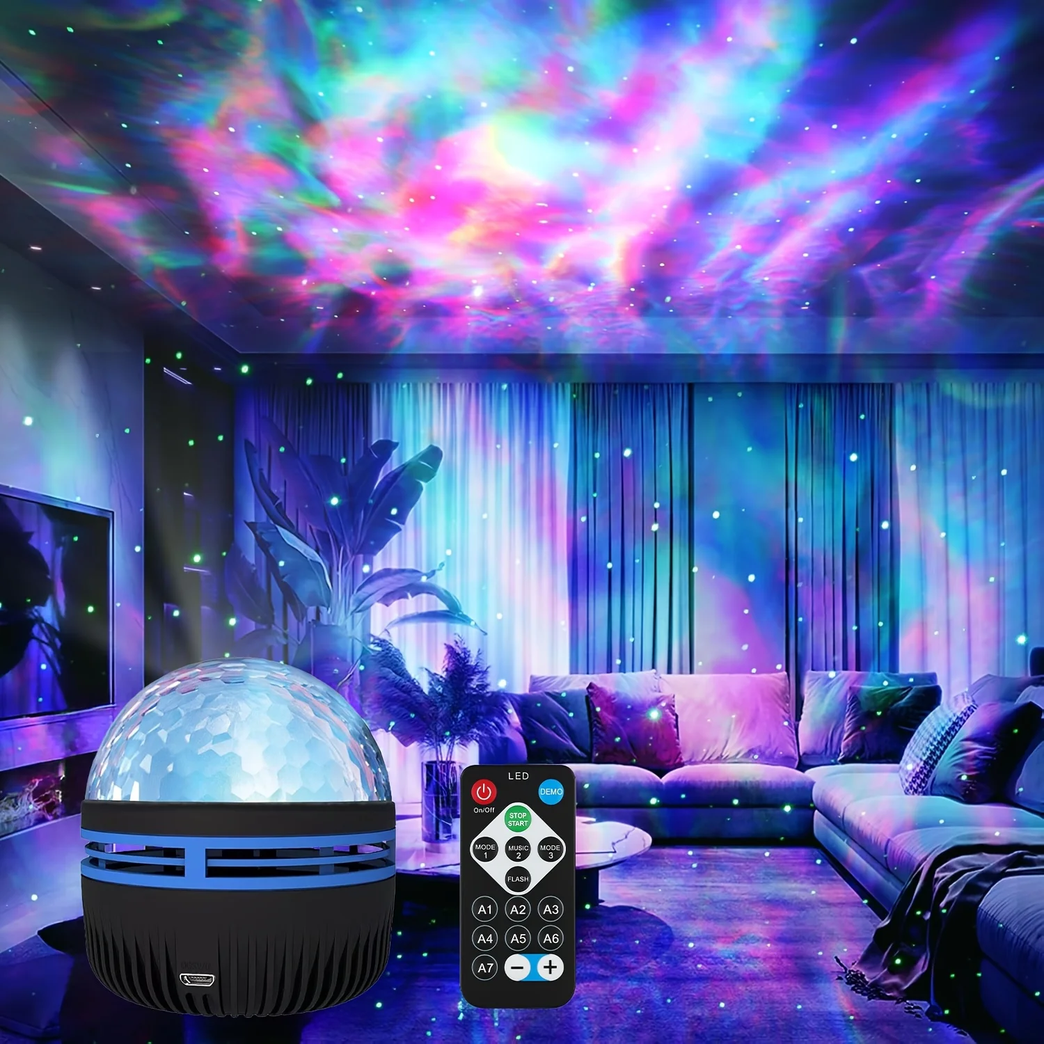 

Starry Sky Projector Light 7 Colors LED Night Light with Remote USB Plug in Ocean Wave Ambient Light Auto Rotate Room Decor Lamp