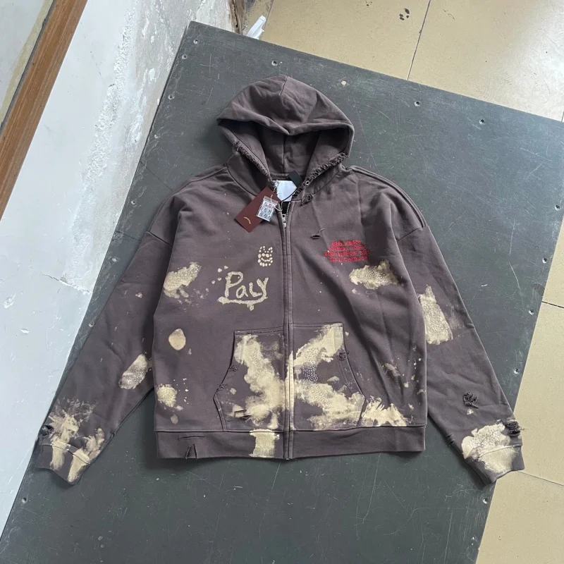 Men Brown Bleach Splash Zip Up Hoodie Paly Rhinestone Letter Distressed Holes sweatshirt