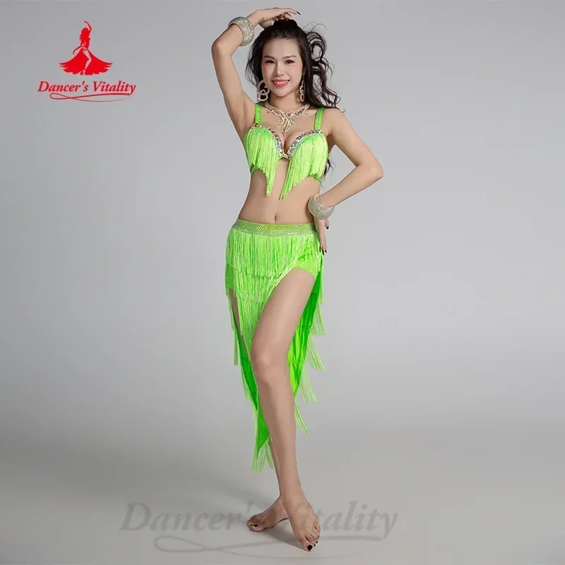 Belly Dance Performance Costume Set  Senior AB Stones Bra+Sexy Tassel Split Skirt 2pcs Oriental Belly Dancing Competition Outfit