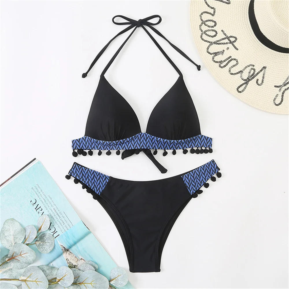 

Vintage Print Fringe Bikini Black Y2K Patchwork Push Up Swimsuit Backless Bandage Boho Vacation Swimwear Pads Women Beach Outfit